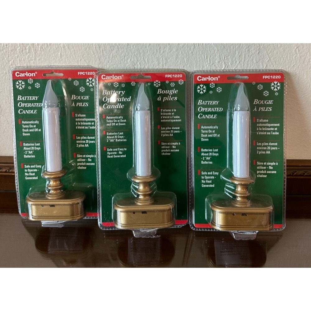 3 Carlon Candle & Candleholder Battery Operated Candle Gold Base NOS